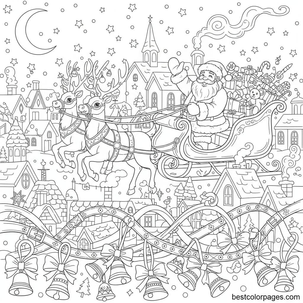 Santa's Moonlit Sleigh Adventure - Free Printable Coloring Page
