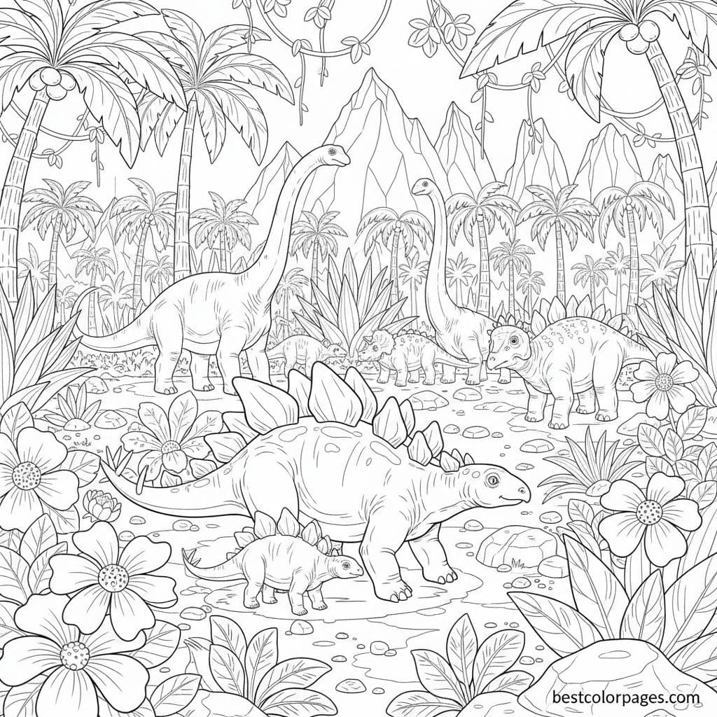 Dino Adventure in a Prehistoric Paradise - Free Printable Coloring Page