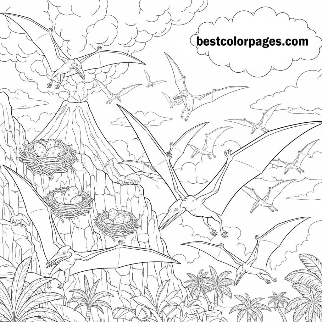 Pterodactyls' Prehistoric Sky Adventure - Free Printable Coloring Page