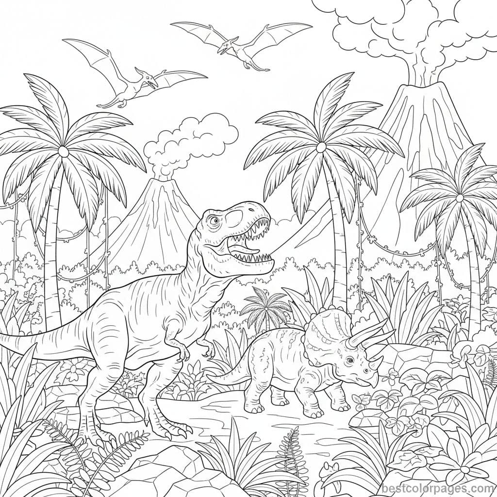 Roaring T-Rex in Prehistoric Paradise - Free Printable Coloring Page