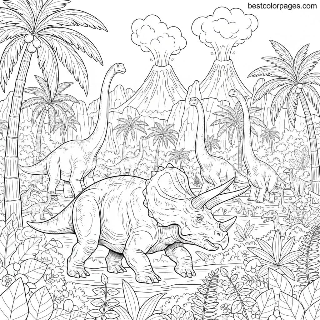 Triceratops Adventure in Dino Valley - Free Printable Coloring Page