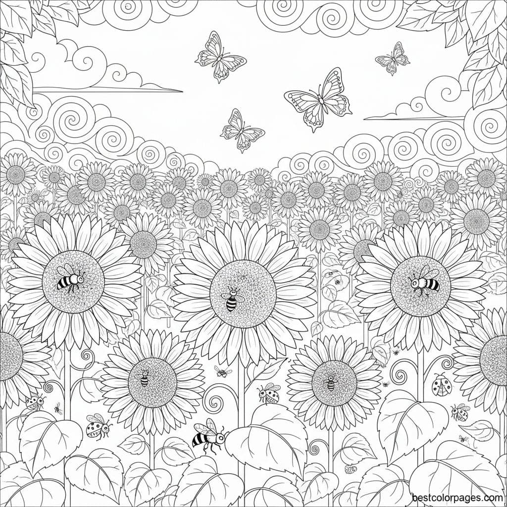 Sunflower Field Buzzing with Bees and Butterflies - Free Printable Coloring Page