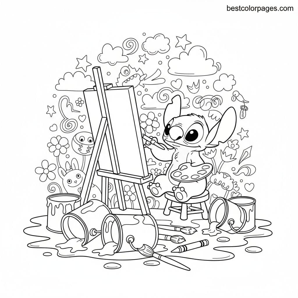 Stitch's Artistic Adventure Extravaganza - Free Printable Coloring Page