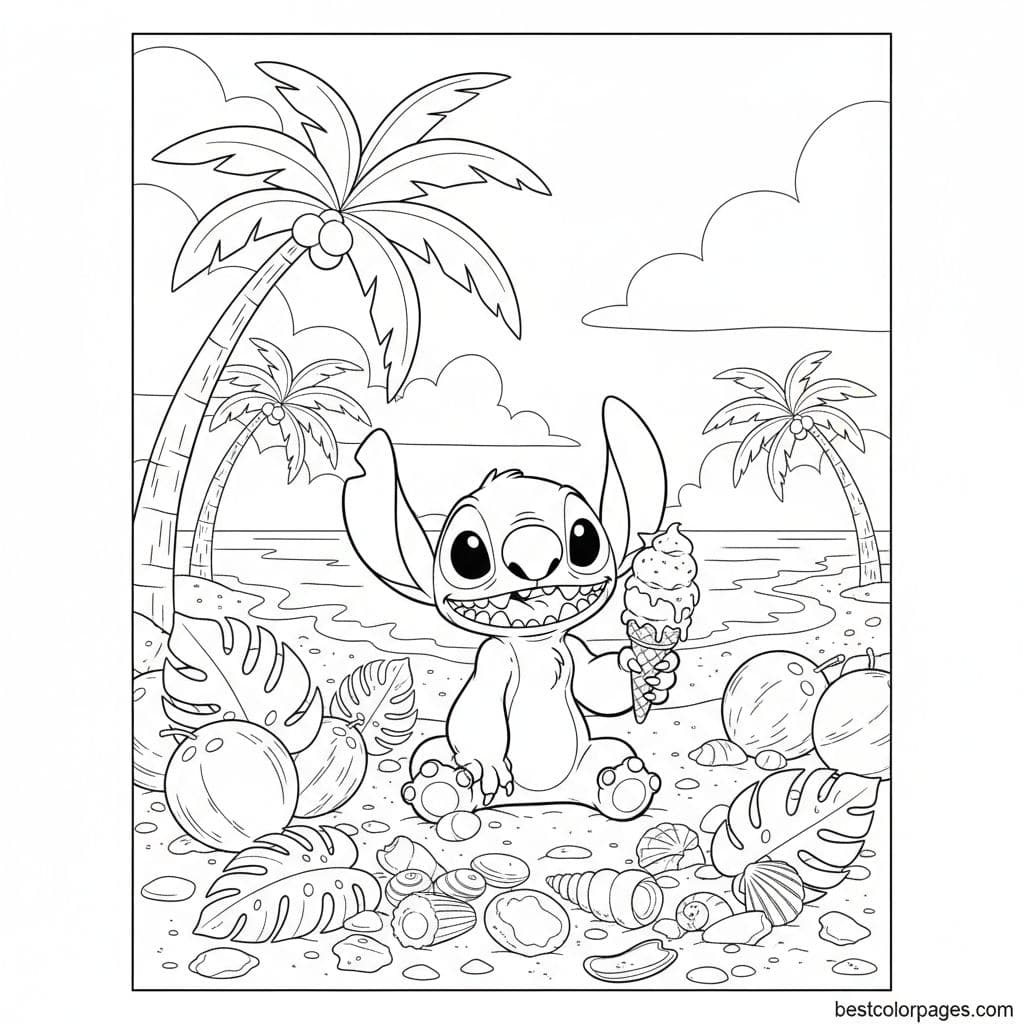 Stitch's Beach Day Adventure Awaits! - Free Printable Coloring Page