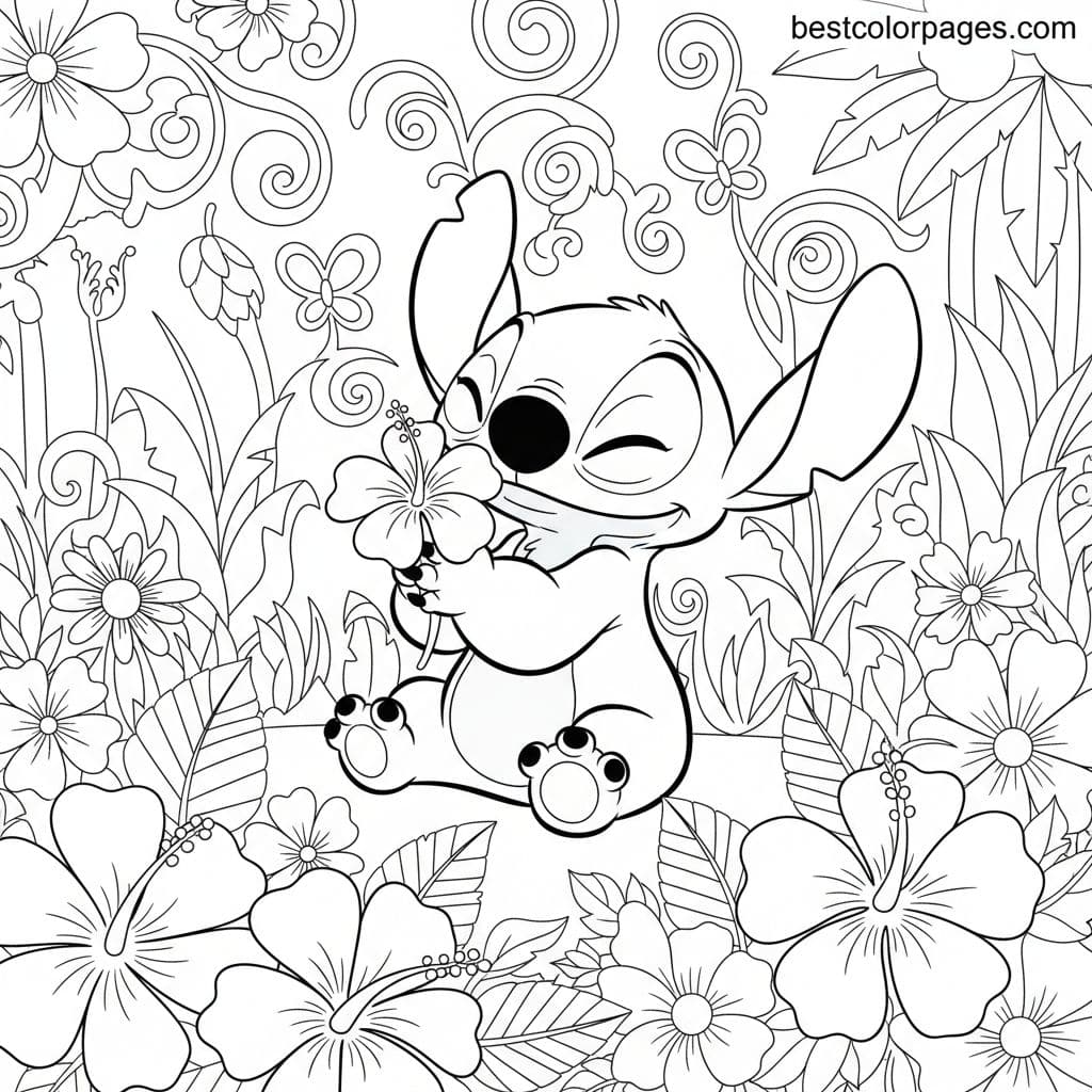 Stitch's Tropical Flower Adventure - Free Printable Coloring Page