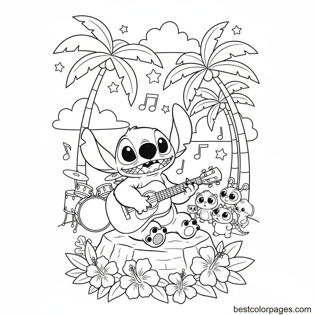 Stitch's Tropical Guitar Jam Session - Free Printable Coloring Page