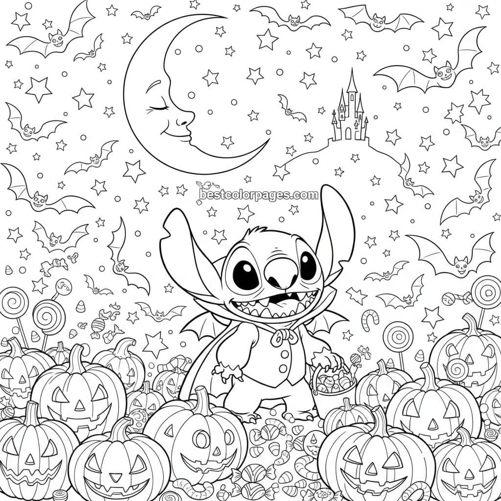 Vampire Stitch's Halloween Adventure Night - Free Printable Coloring Page